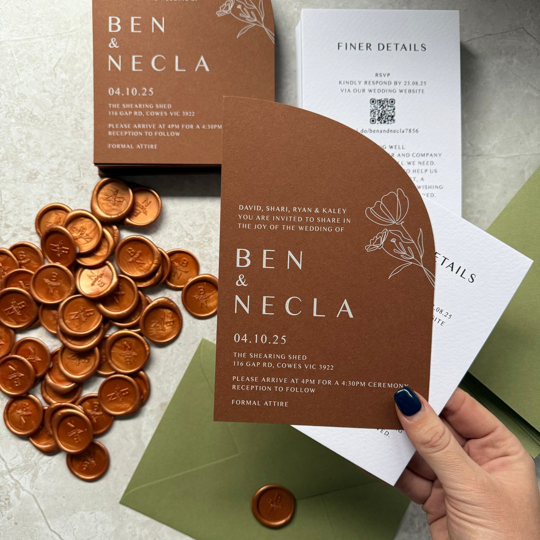 Elegant Floral Wedding Invitations with Copper Wax Seals