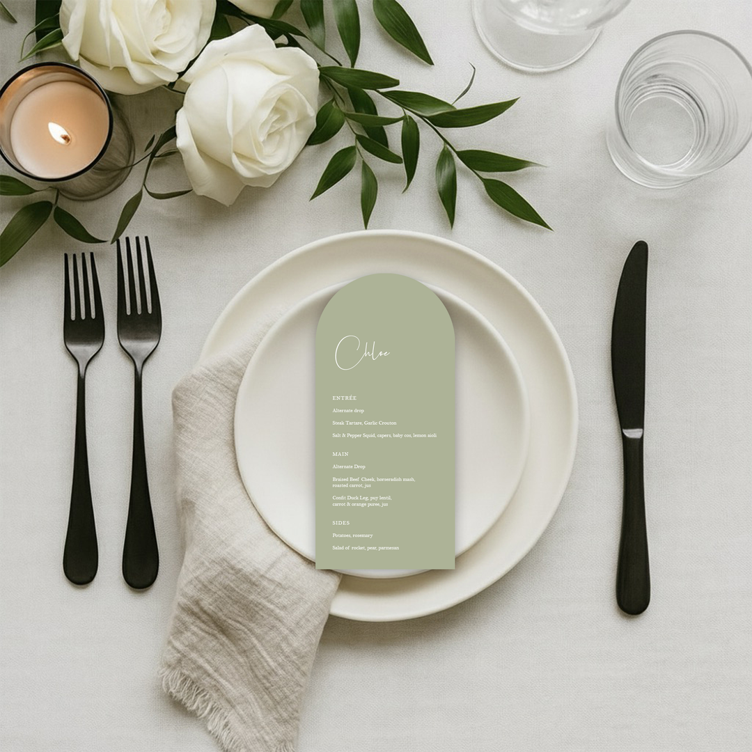 Sage green arch menu with white ink printing for a wedding
