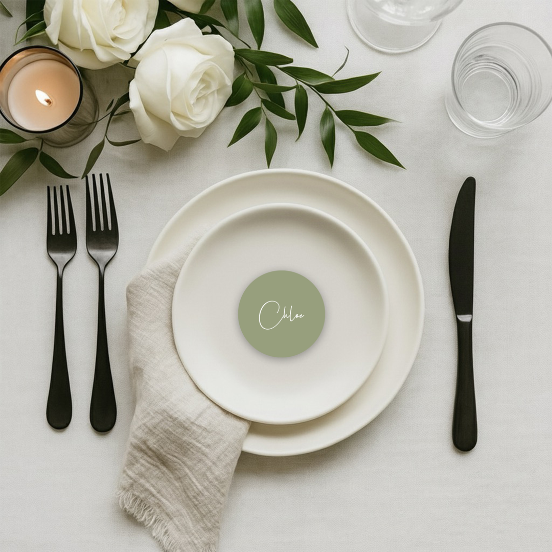 Circle Place Card with white ink on a sage green card