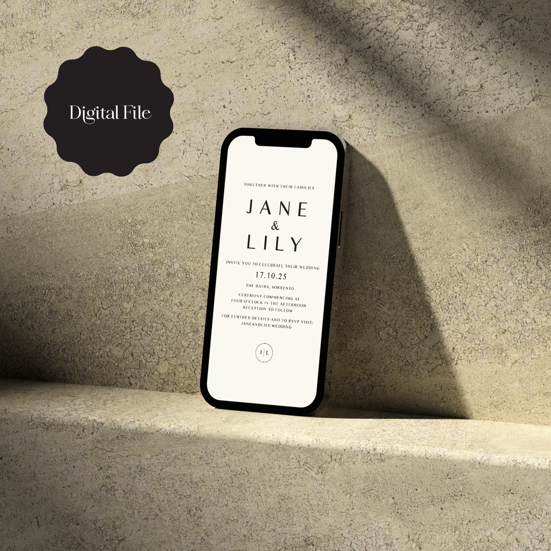 Digital wedding invitation displayed on a phone screen, an eco-friendly stationery option