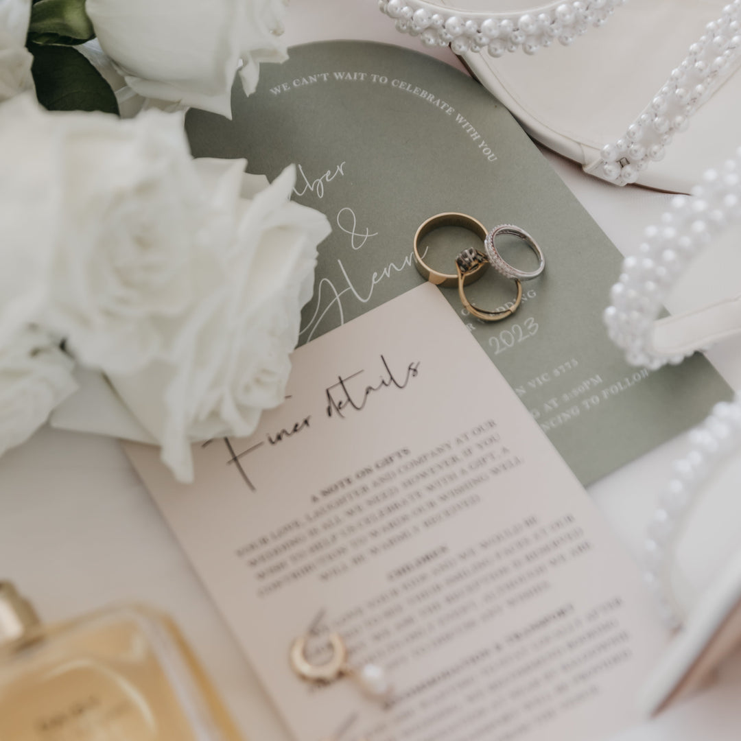 Couple reviewing a wedding invitation proof before printing