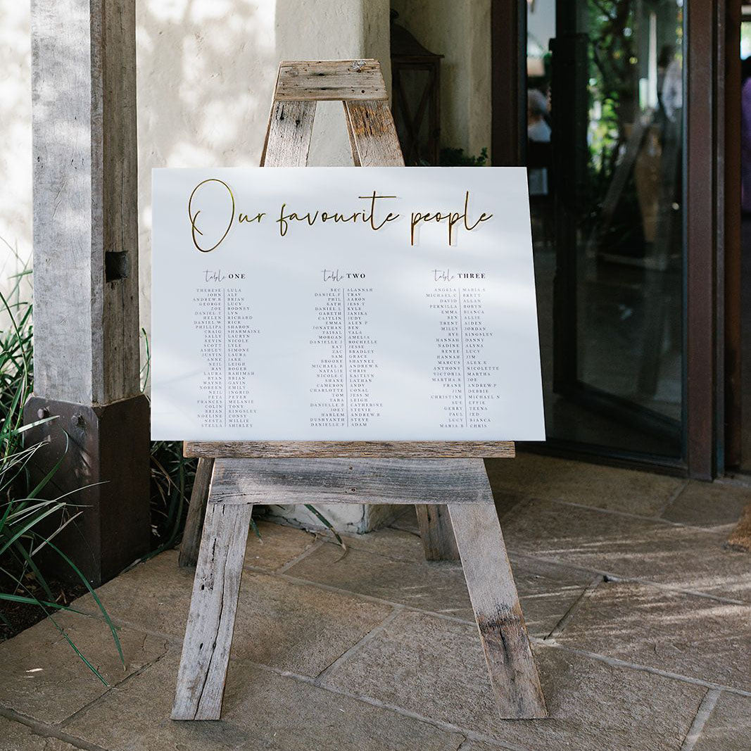 Wedding day stationery including seating chart and signage at reception