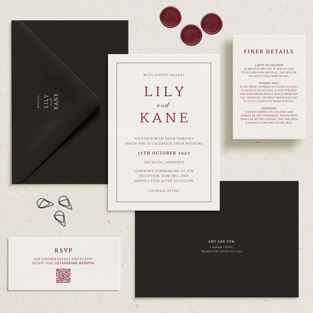 Wedding invitation suite showing finished trim size - Wedding Stationery Melbourne