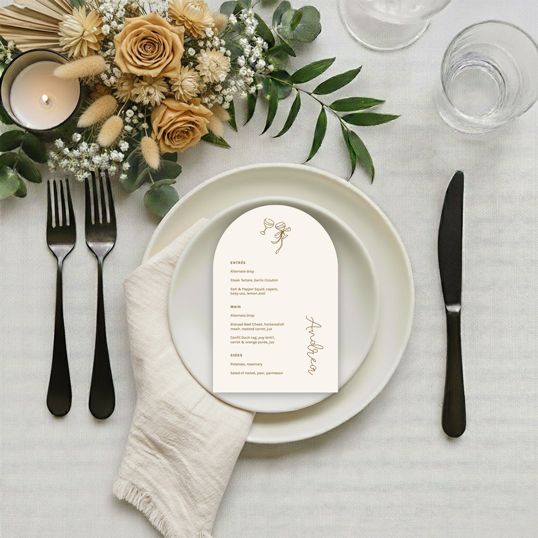 Wedding menu card with a minimalist design and black font.