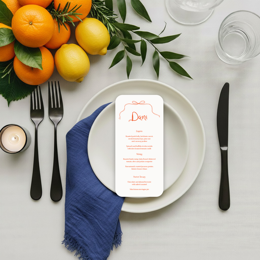 Modern wedding menu with a ribbon illustration.