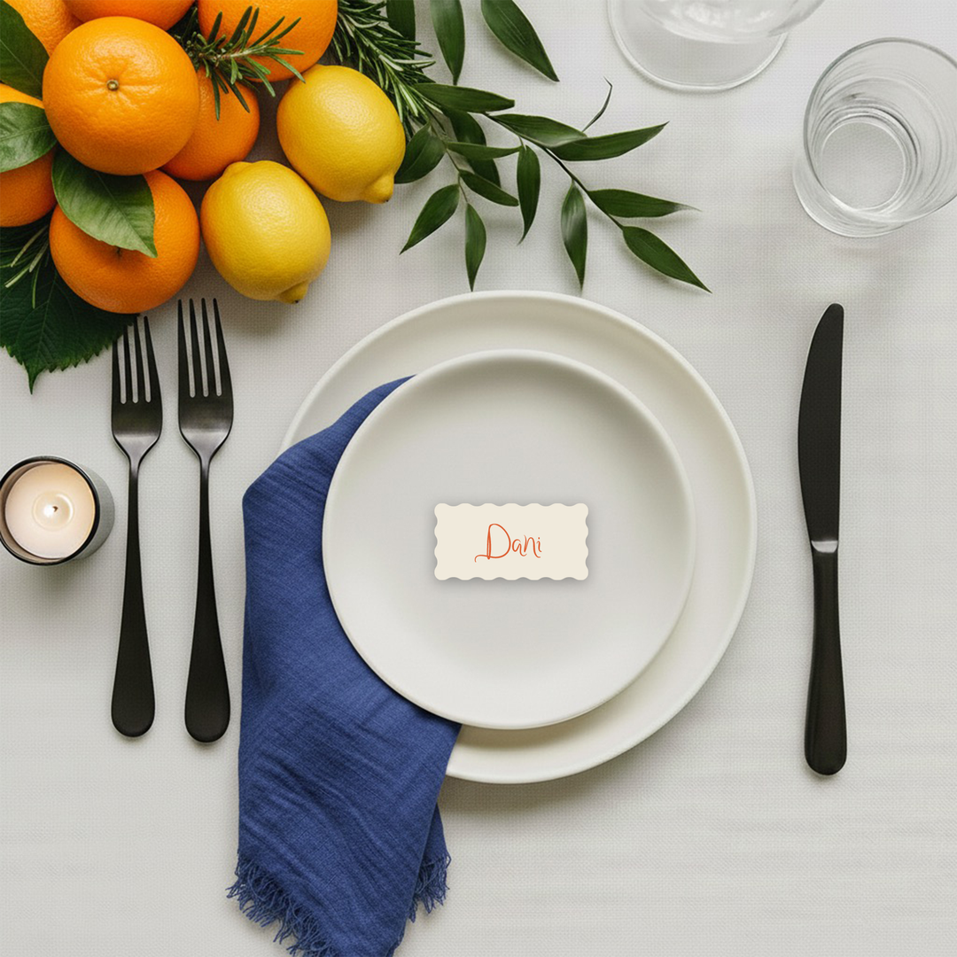 Wave shape place card with burnt orange coloured ink