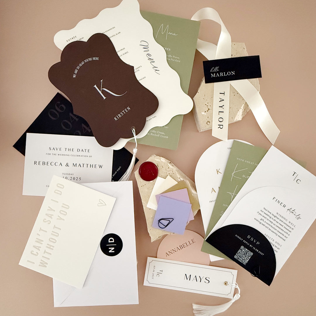 Ivory & Ink wedding stationery sample pack with menus, guest bookmarks, place cards, invitations and cardstock samples.