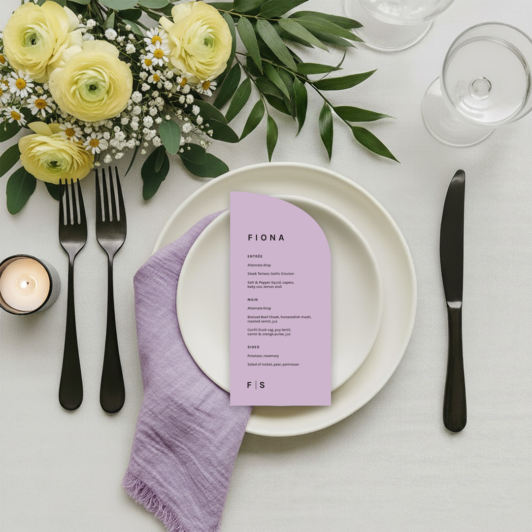 Customised wedding menu featuring both food and drinks.