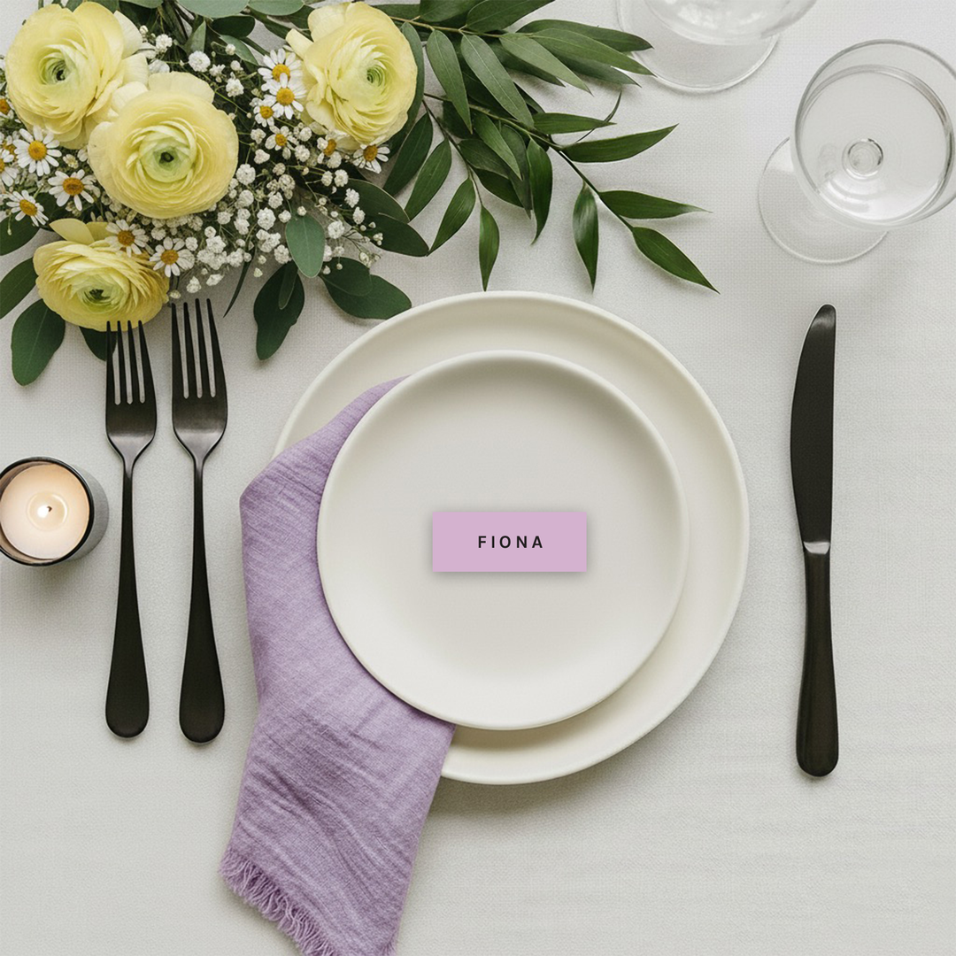 Long place card on a pastel purple card-stock 