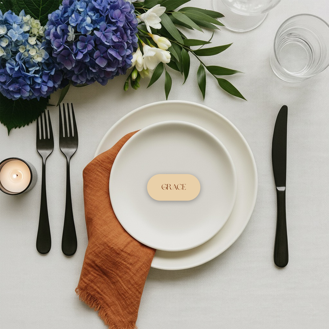 Our GRACE design place card in a double arch shape with terracotta ink
