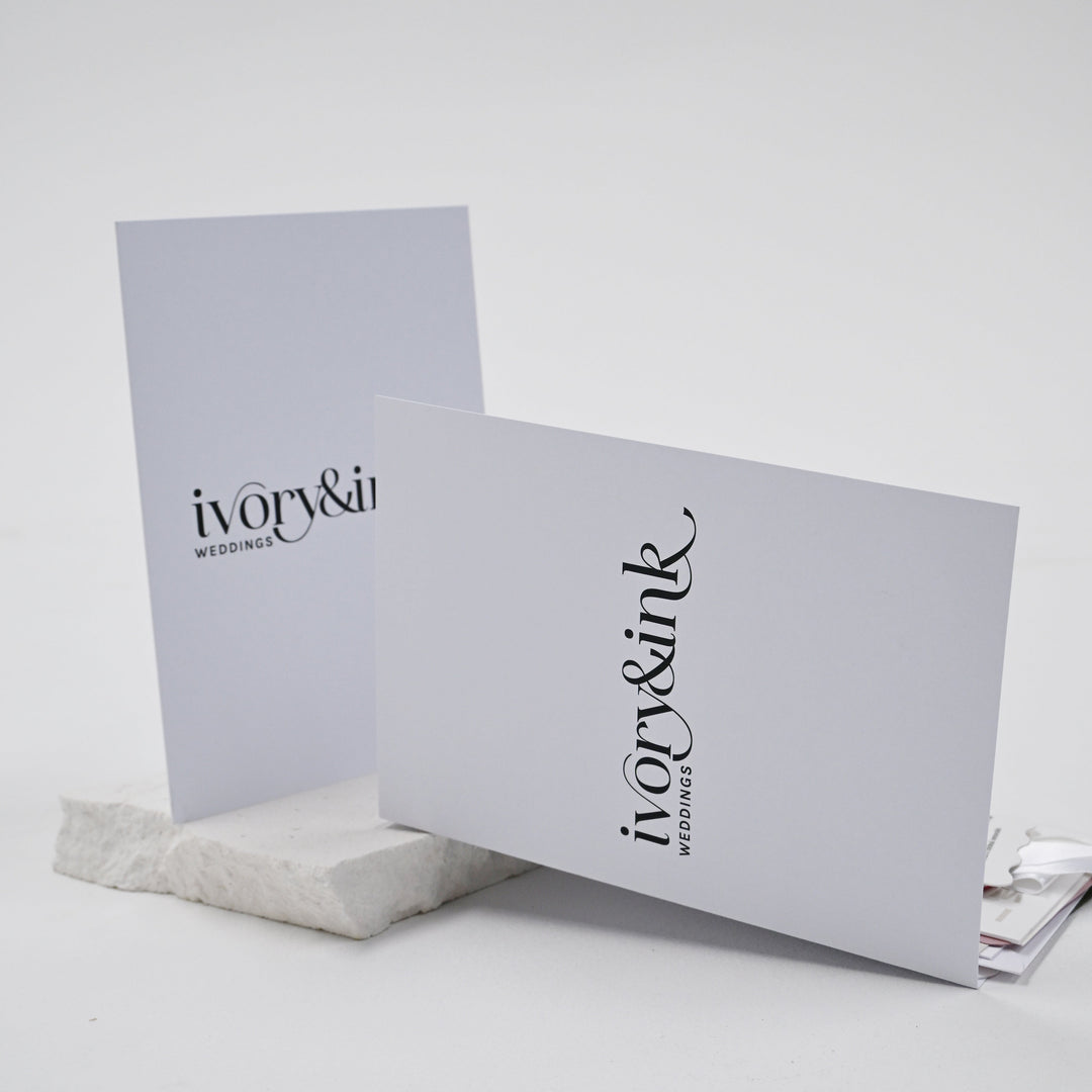 Ivory &amp; Ink Weddings branded cards from the wedding stationery sample pack