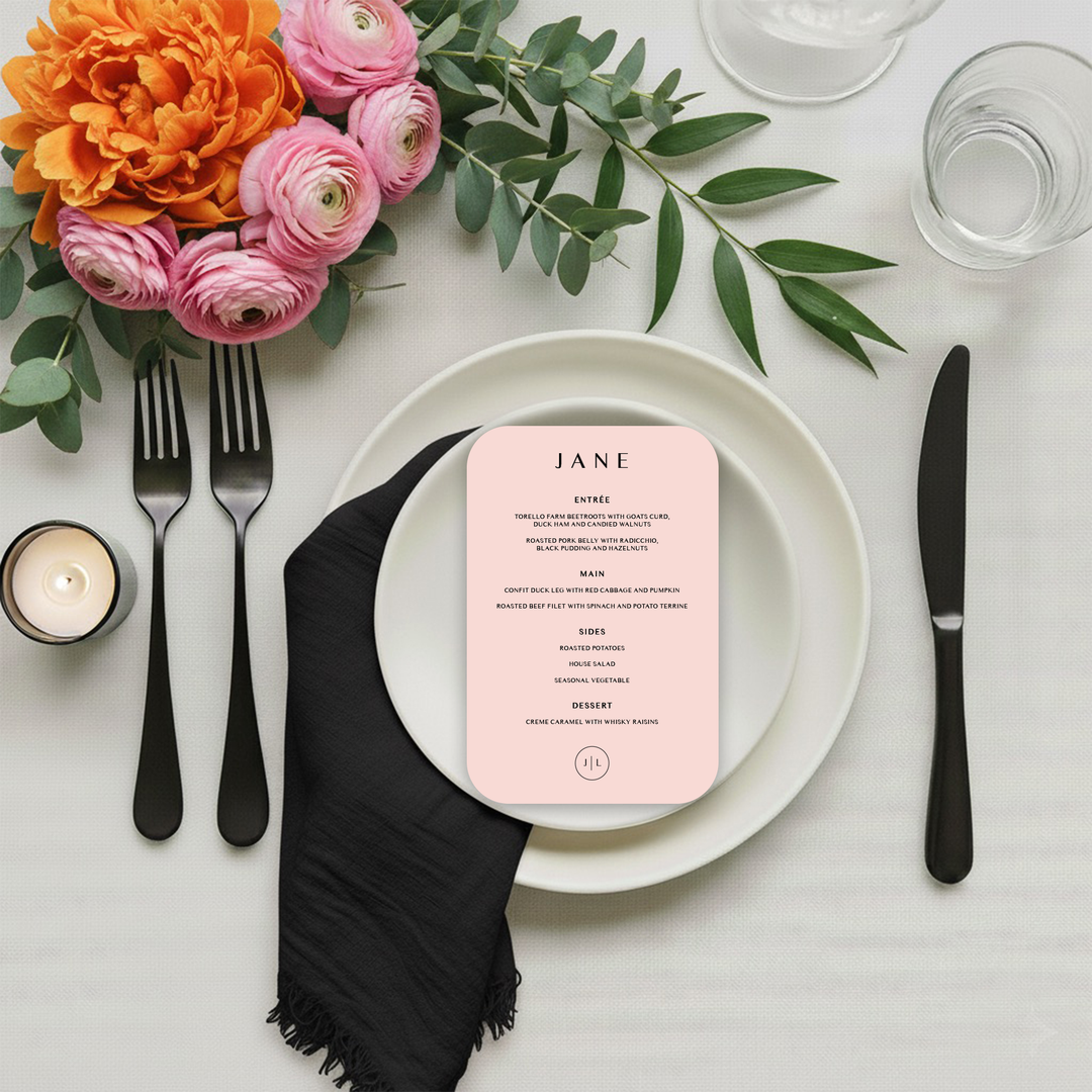 Elegant wedding menu for a plated dinner with multiple courses.