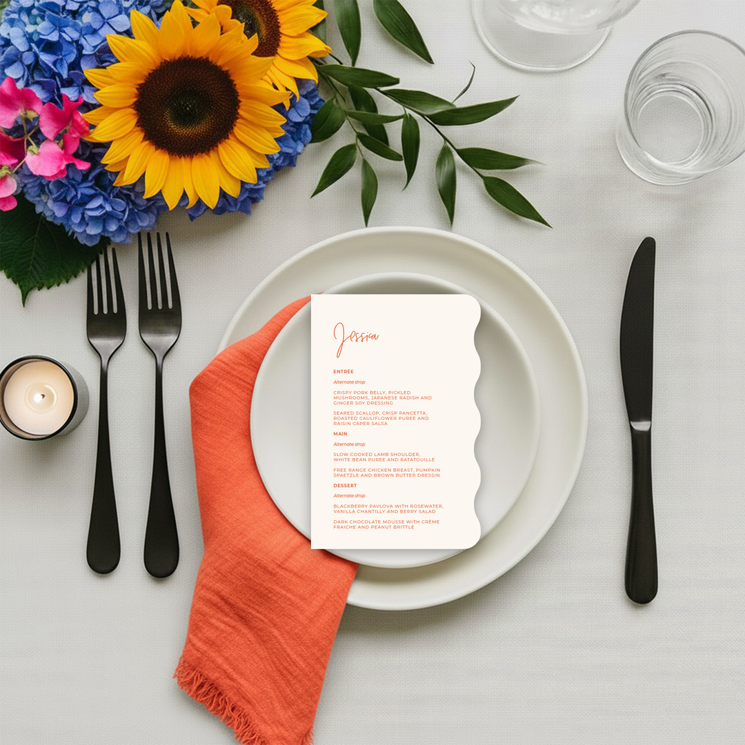 Bright modern wedding menu with a wave shape