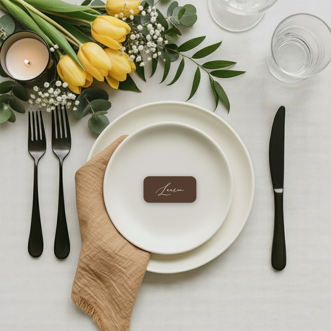 Chocolate brown place cards with a classic script font