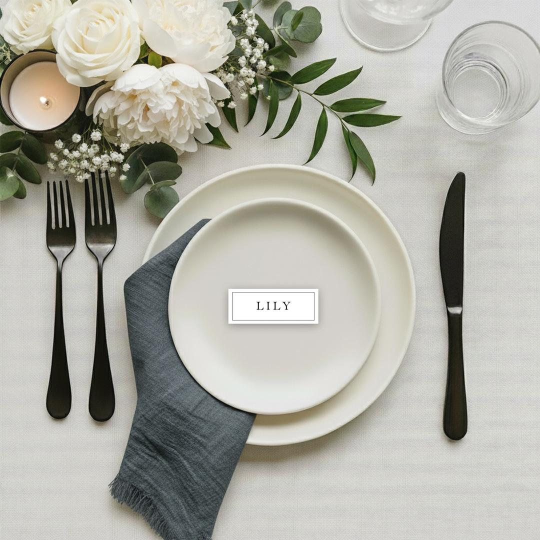 White place card with a black boarder