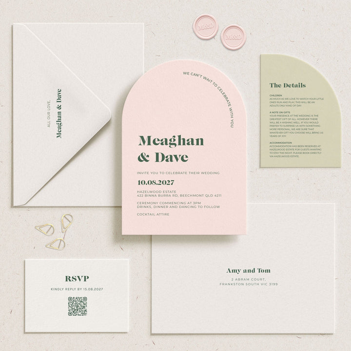 Meaghan wedding invitation suite by Ivory &amp; Ink Weddings, classic storybook feel with strong lettering and soft script flourishes.
