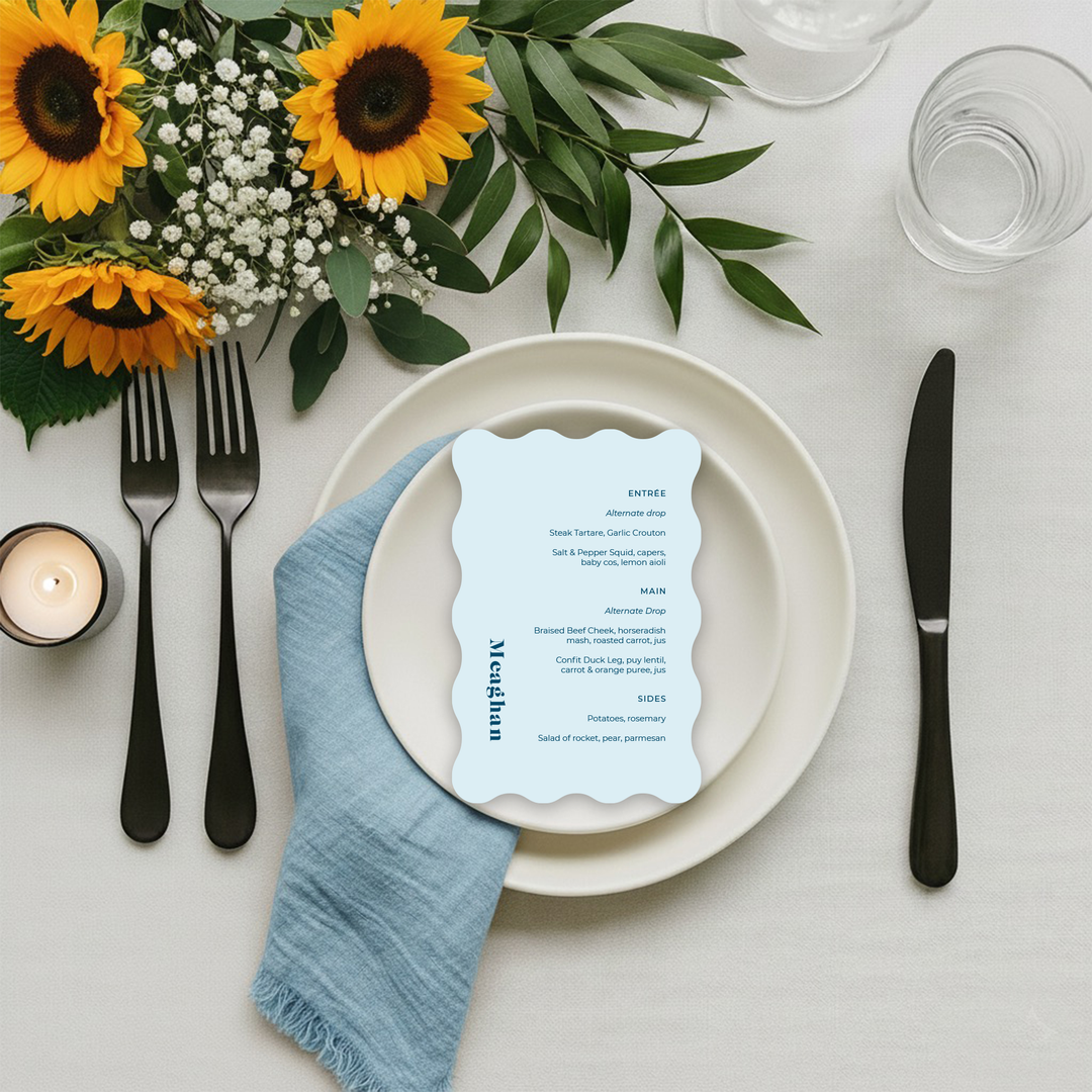 Modern pale blue wedding menu