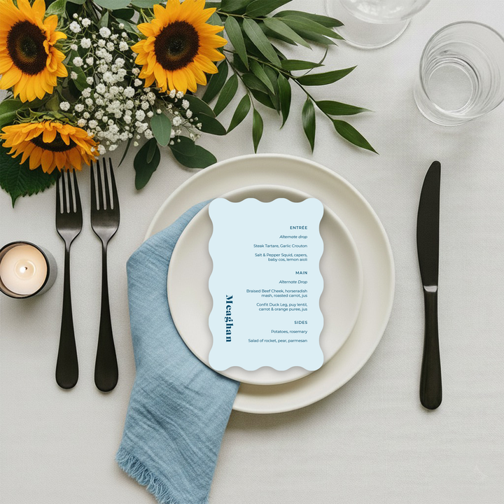 Modern pale blue wedding menu