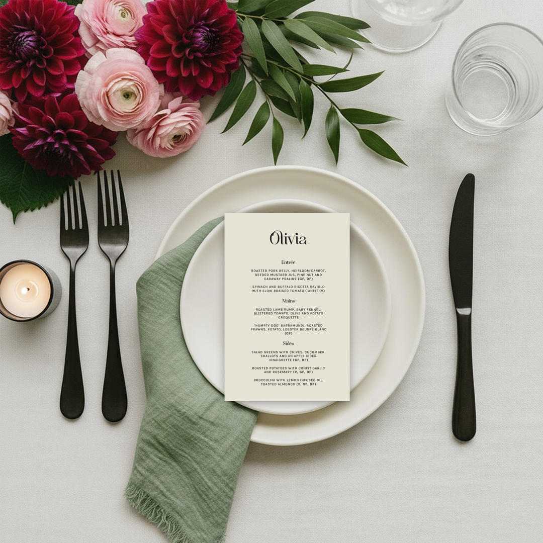 Modern font wedding menu on a light green card
