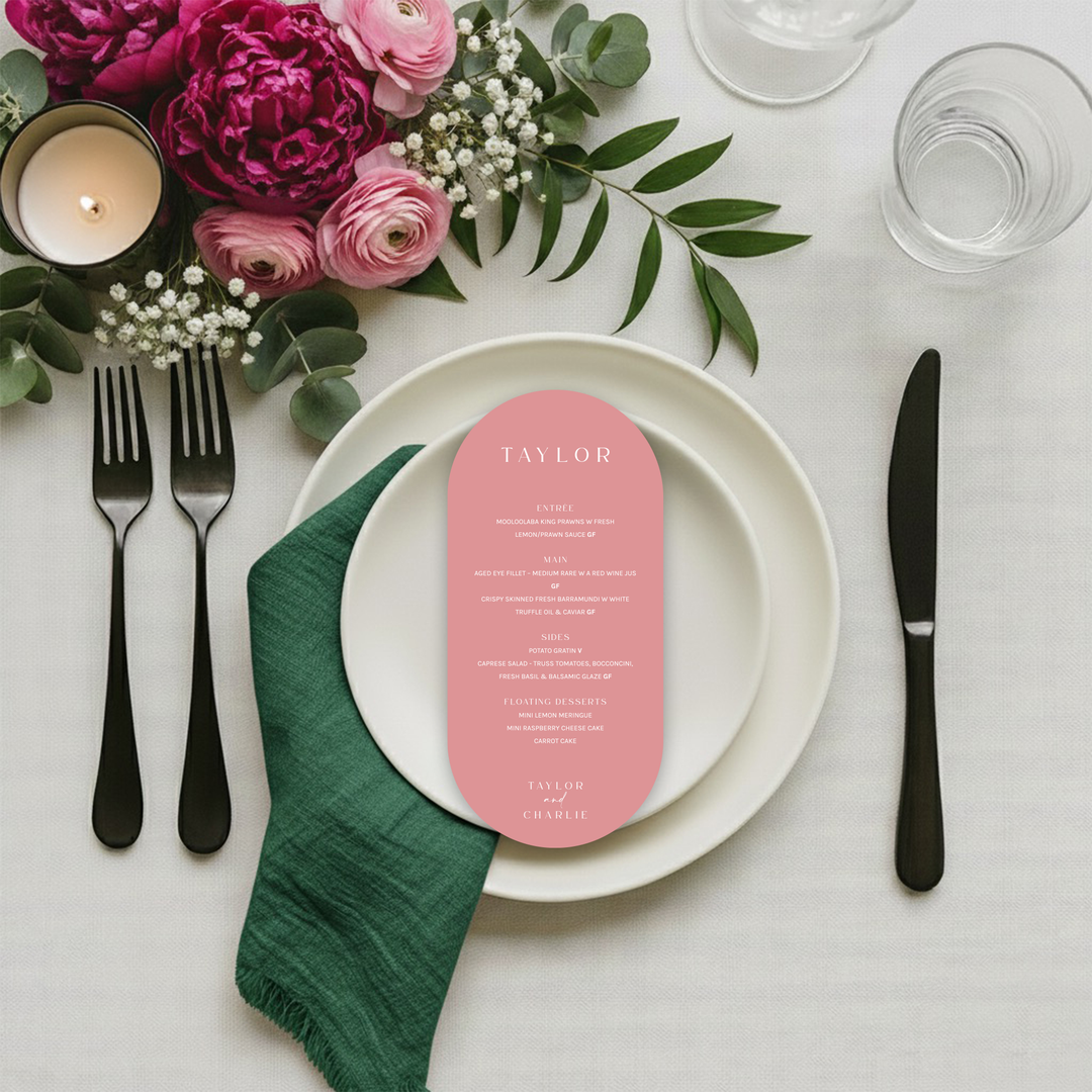 Shared-style wedding menu with a list of platters and dishes.