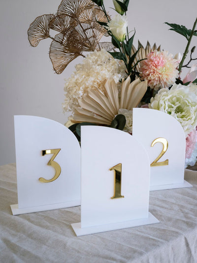 Ivory and Ink Weddings Hire White & Gold Acrylic Table Numbers